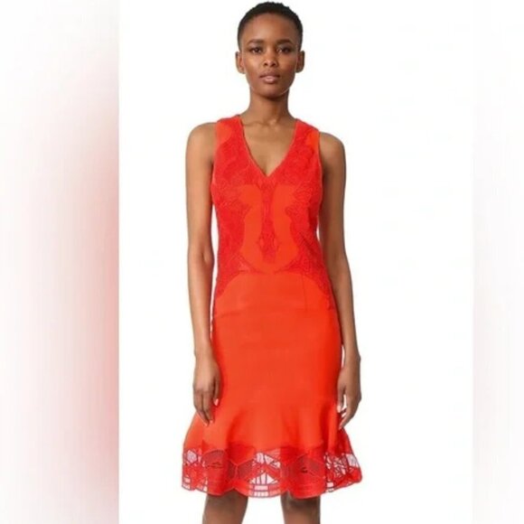 Jonathan Simkhai Red V-neck Sleeveless Lace Appliqué Crepe Cocktail Dress 4 - Picture 15 of 15